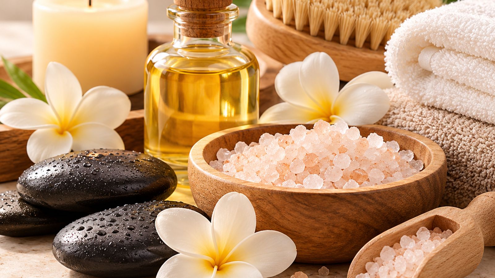 Massage oil in a corked bottle beside a frangipani blossom, warm stones and pink salt