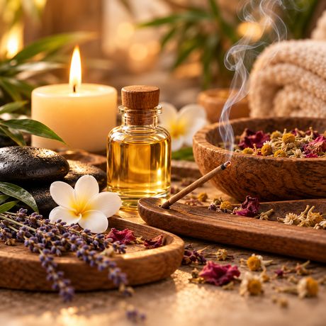 Candles, incense, dried petals and oils on a carved wooden tray
