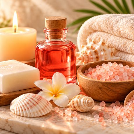 Candle, red oil and pink salt with shells beside rolled towels