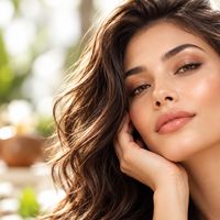 Smiling guest with long dark hair resting her chin on her hand