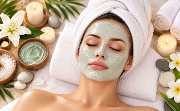 Guest relaxing in a green clay mask with her hair wrapped in a towel