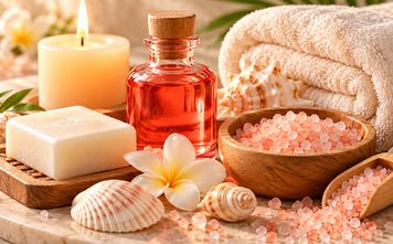 Candle, bar soap, red body oil and pink salts on a stone ledge
